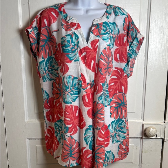 Kim Rogers Vibrant Tropical Leaf Print Top Size 1X - Picture 1 of 9